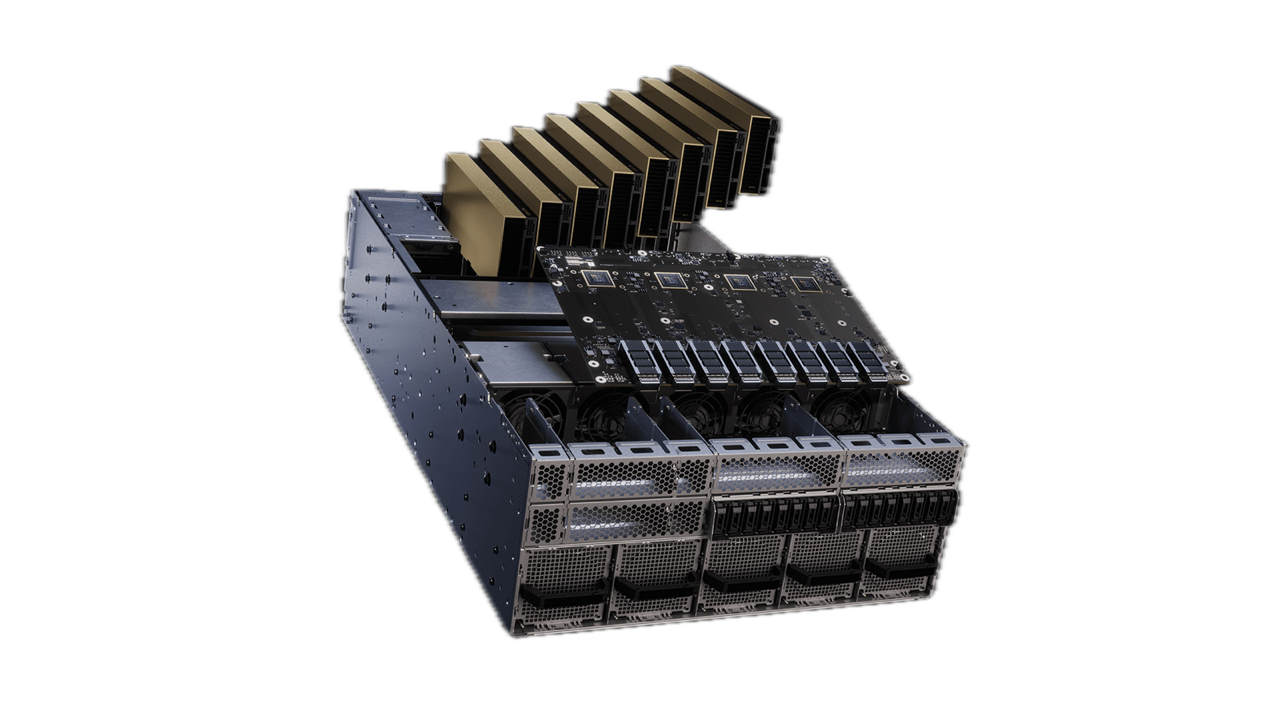 NVIDIA RTX PRO server — exploded render of an 8-GPU 4U MGX chassis
